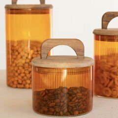 Mia Akasya Kulplu Cam Kavanoz - Amber - 350 ml