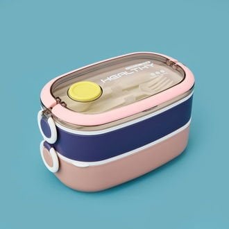 Healty İki Katlı Çelik Yemek Kabı - Mavi / Pembe - 1,3 lt