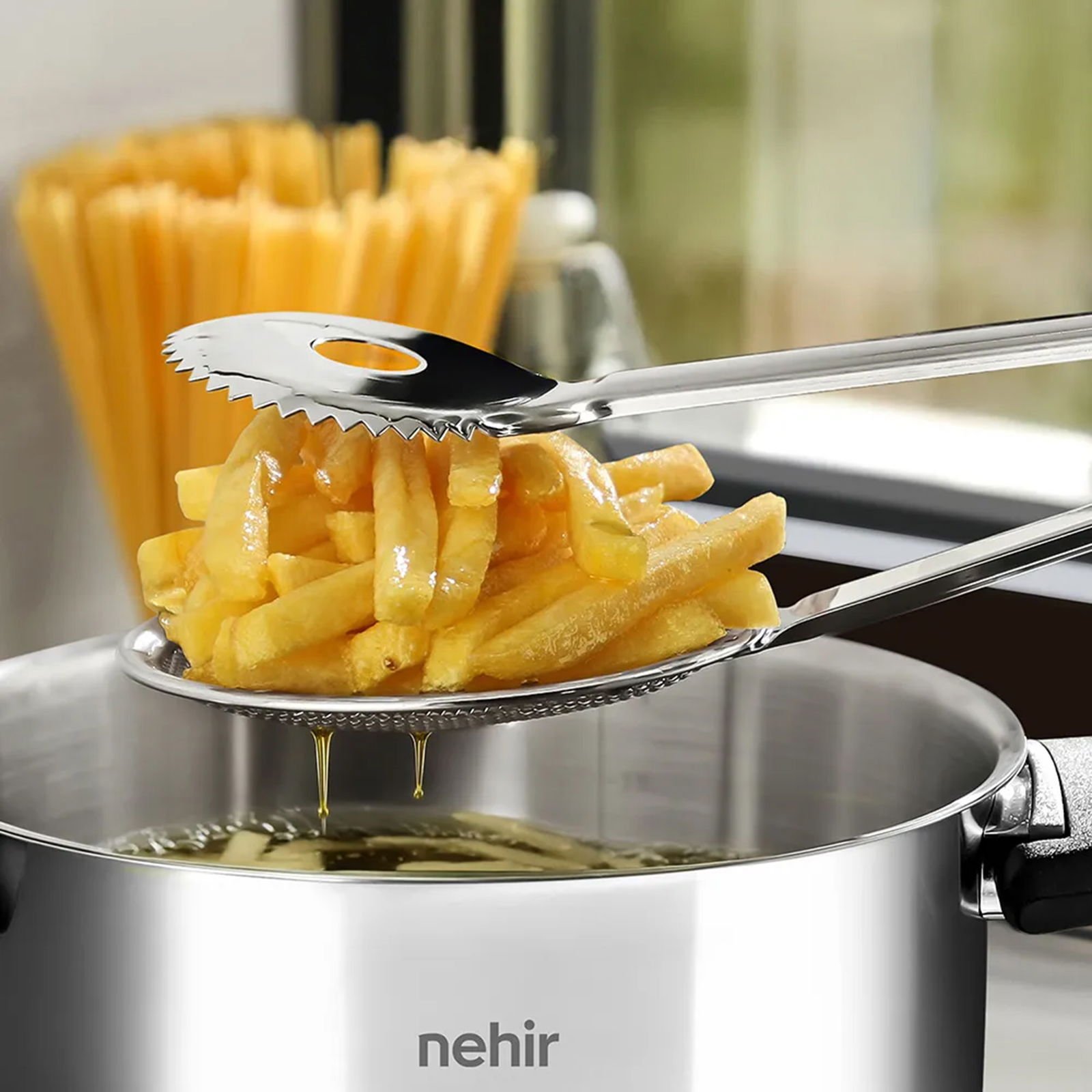 Nehir Sade Süzgeçli Kızartma Maşası - Gri - 30 cm