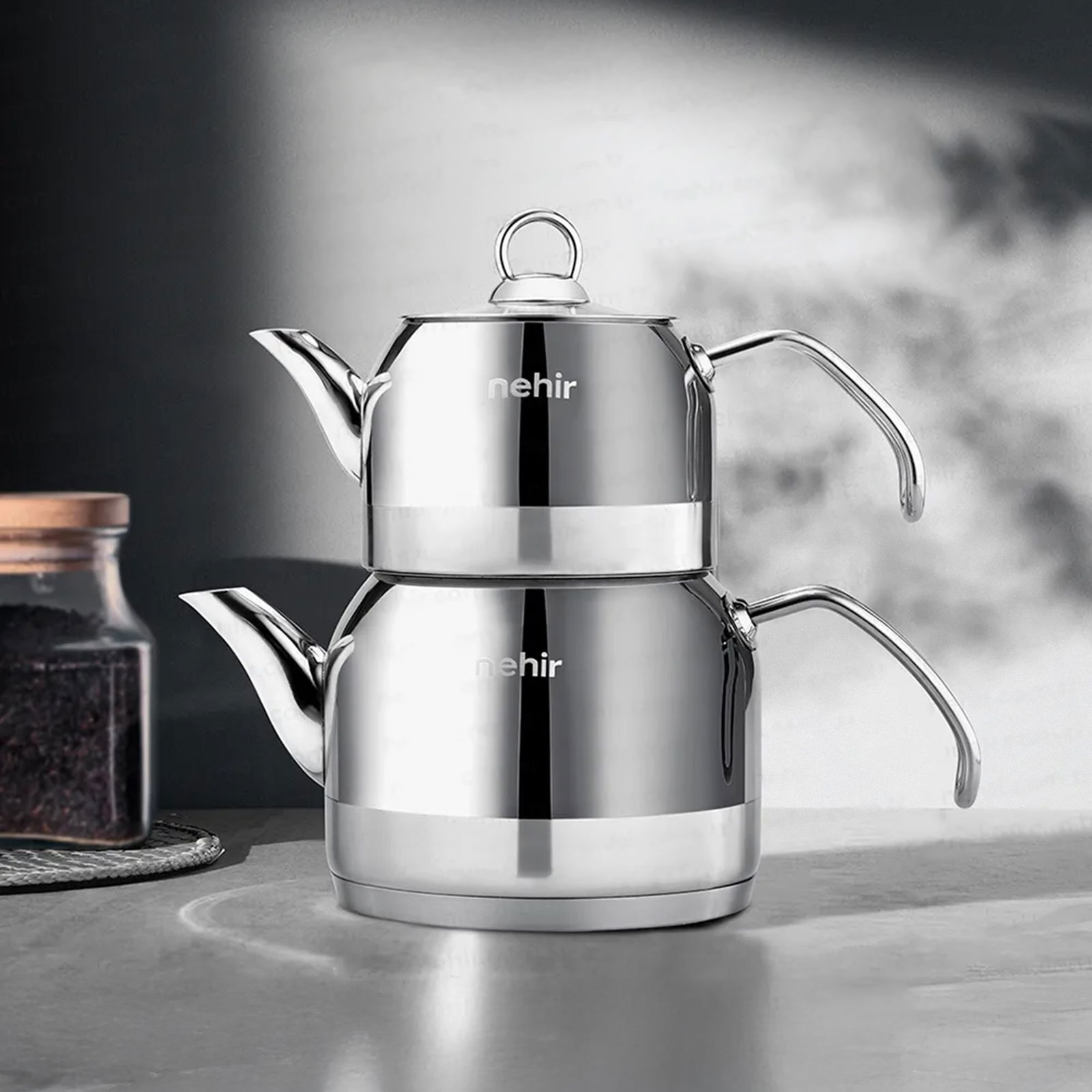 Lotus Midi Çelik Çaydanlık Takımı - Gri - 1,9 lt + 1,3 lt