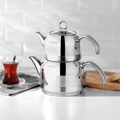 Lotus Midi Çelik Çaydanlık Takımı - Gri - 1,9 lt + 1,3 lt