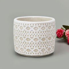 Dantel Güpür Desenli Beton Saksı - Beyaz - 14x12,5 cm