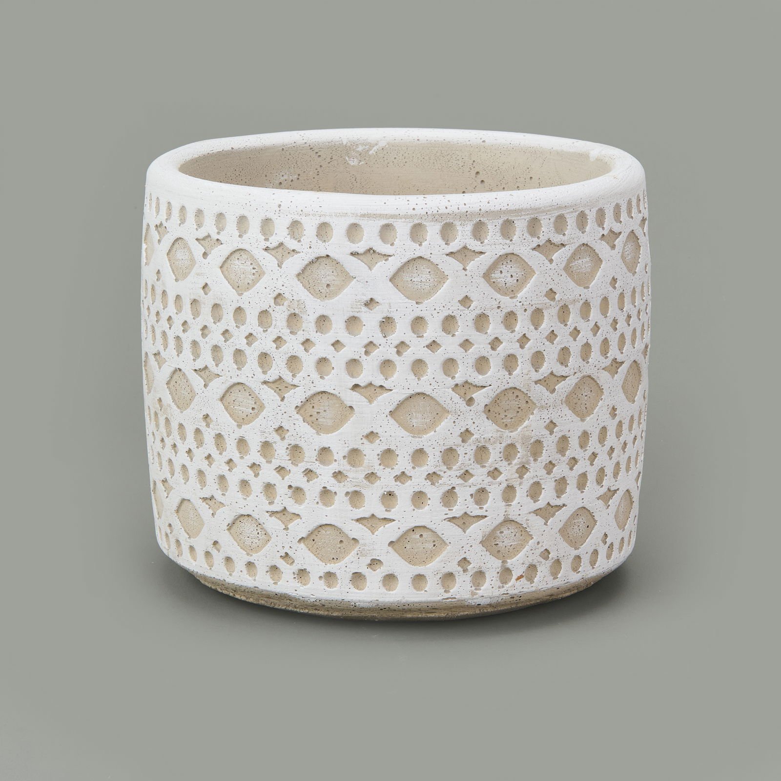 Dantel Güpür Desenli Beton Saksı - Beyaz - 14x12,5 cm
