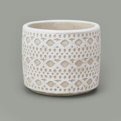Dantel Güpür Desenli Beton Saksı - Beyaz - 14x12,5 cm