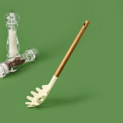 Akasya Saplı Silikon Makarna Kevgiri - Bej / Kahverengi - 32 cm