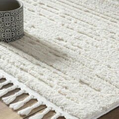 Bilbao White Swan Saçaklı Çizgi Desenli Halı - Krem - 120x180 cm