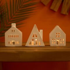 Deco 3'lü Ev Şekilli Mumluk Seti - Beyaz - 19 cm