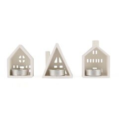 Deco 3'lü Ev Şekilli Mumluk Seti - Beyaz - 19 cm