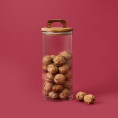 Akasya Kapaklı Cam Erzak Kabı - Kahverengi / Şeffaf - 1500 ml