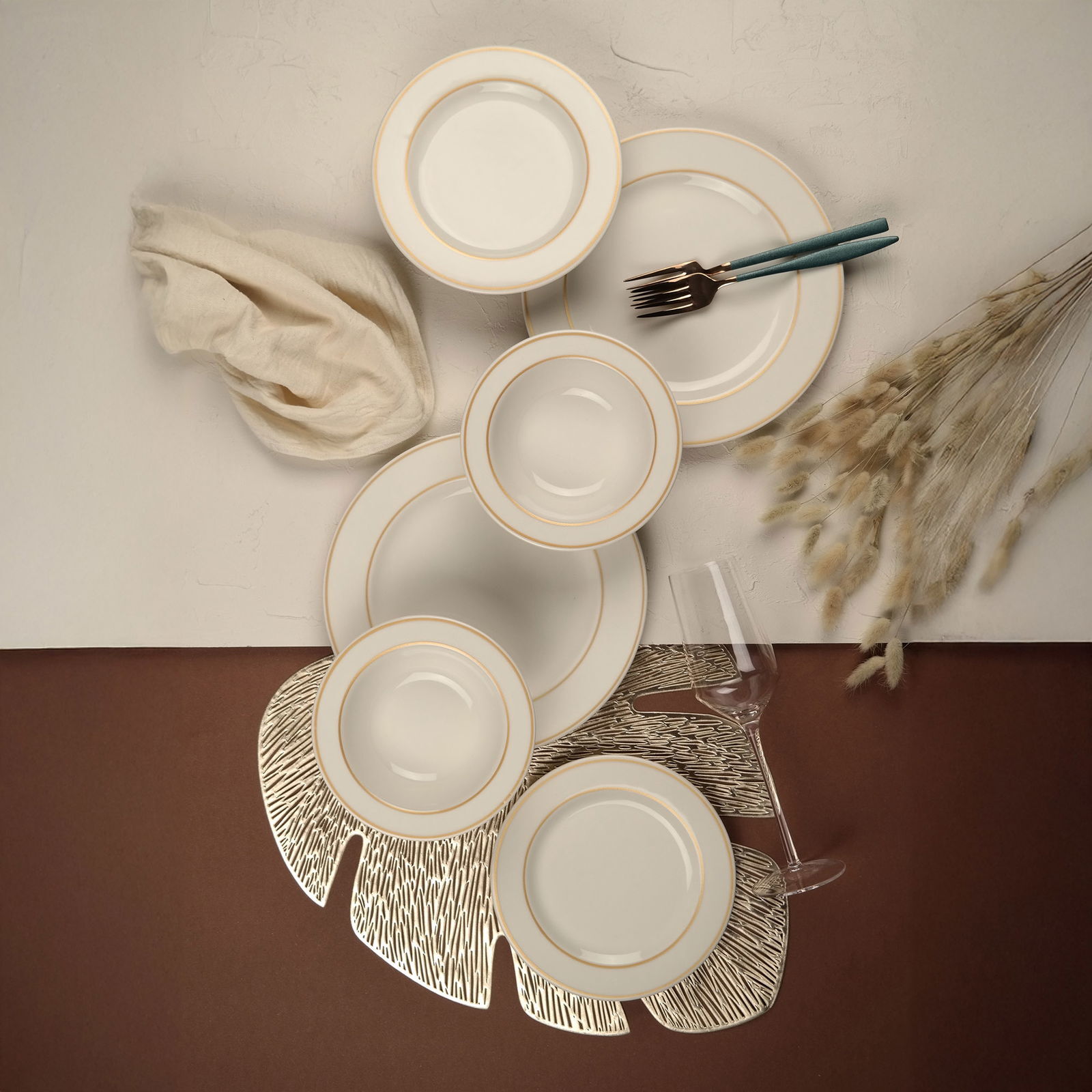 Altın File Bonsai 18 Parça Yemek Seti - Ekru