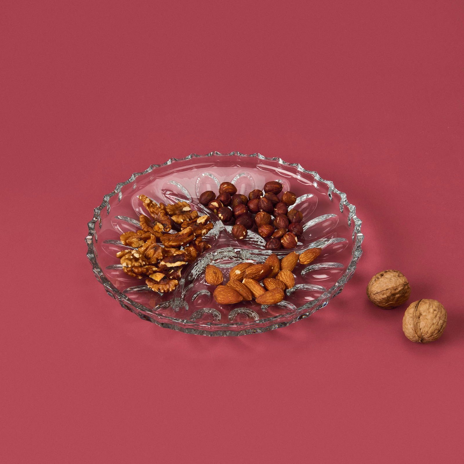 Glass 3 Bölmeli Cam Kahvaltı Sunum Tabağı - Şeffaf - 22 cm