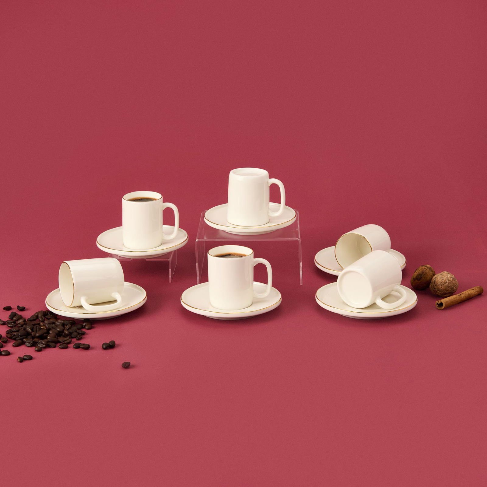 Porselen 12 Parça Altın Yaldızlı Kahve Fincan Seti - Beyaz