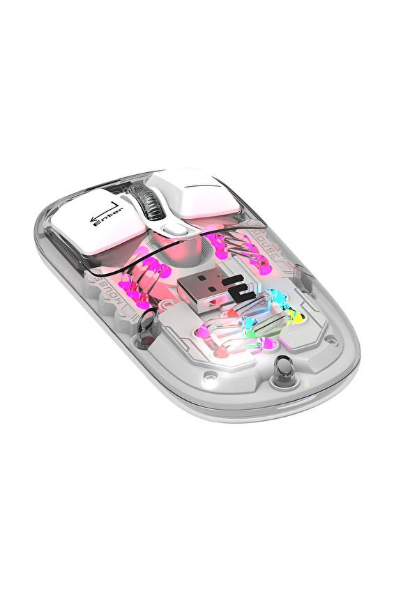 Everest SM-BT89 OPAL Şarj Edilebilir Sessiz Beyaz Transparan RGB 2in1 2BT ve 2.4GHz Kablosuz Mouse