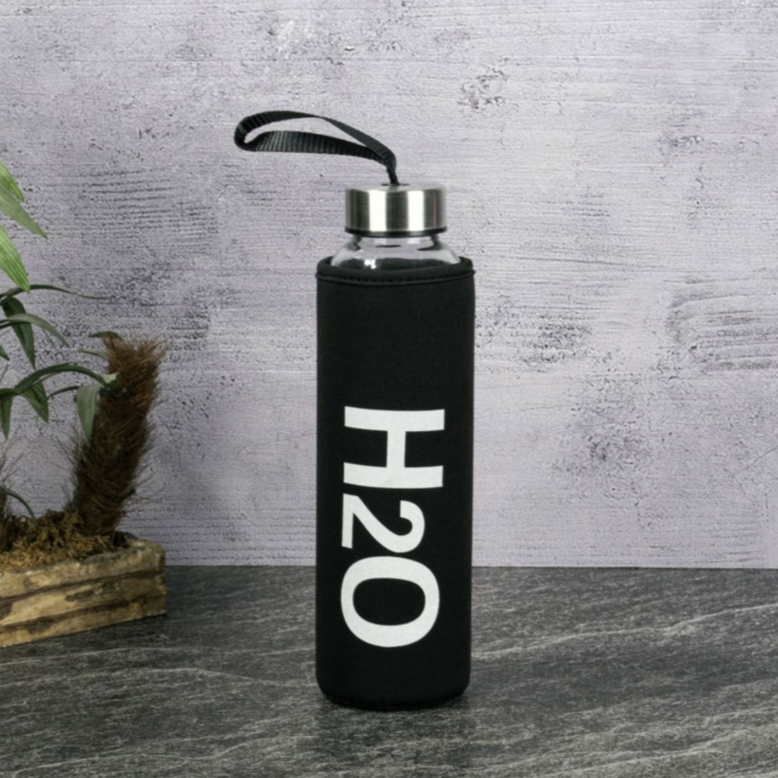 H2O Peluş Kılıflı Cam Matara - Siyah / Şeffaf - 600 ml