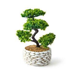 Dekoratif Saksılı Bonsai Meri Yapay Çiçek - Beyaz / Yeşil - 20x20x36 cm