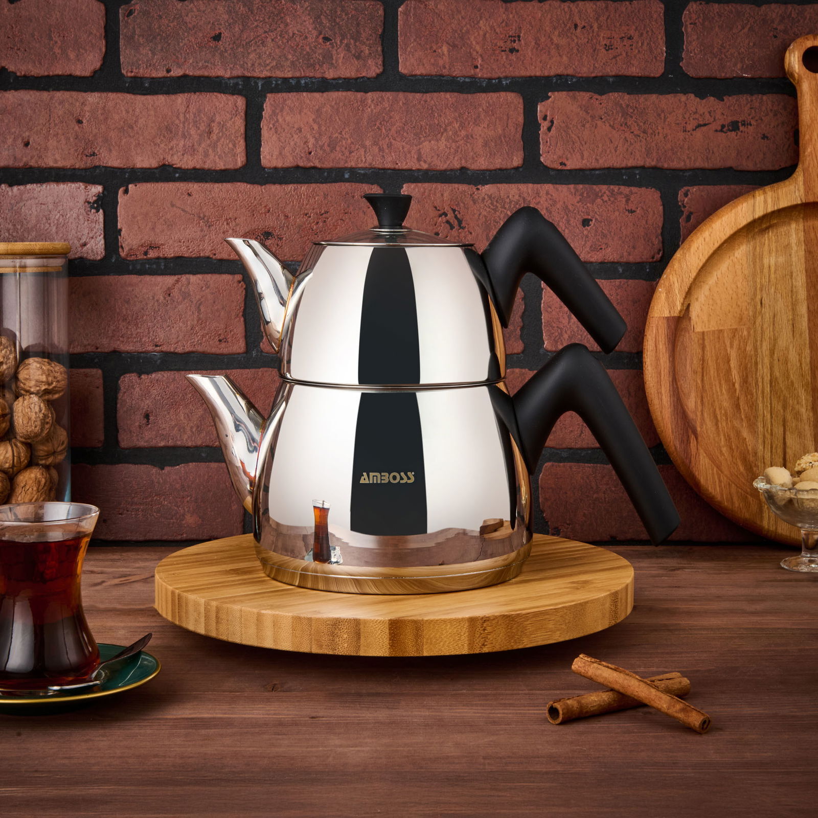 Aquamarine Orta Boy Çaydanlık - Inox / Siyah - 1 lt + 2,1 lt