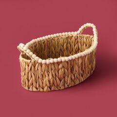 Boncuklu Hasır Sepet - Kahverengi - 38x24x14 cm