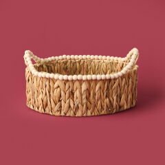 Boncuklu Hasır Sepet - Kahverengi - 38x24x14 cm