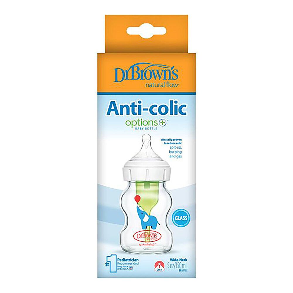 DB 51621 Geniş Ağız Anti-Kolik Options+ Desenli Cam Biberon 150 mL , Fil, Tekli paket 1 Adet