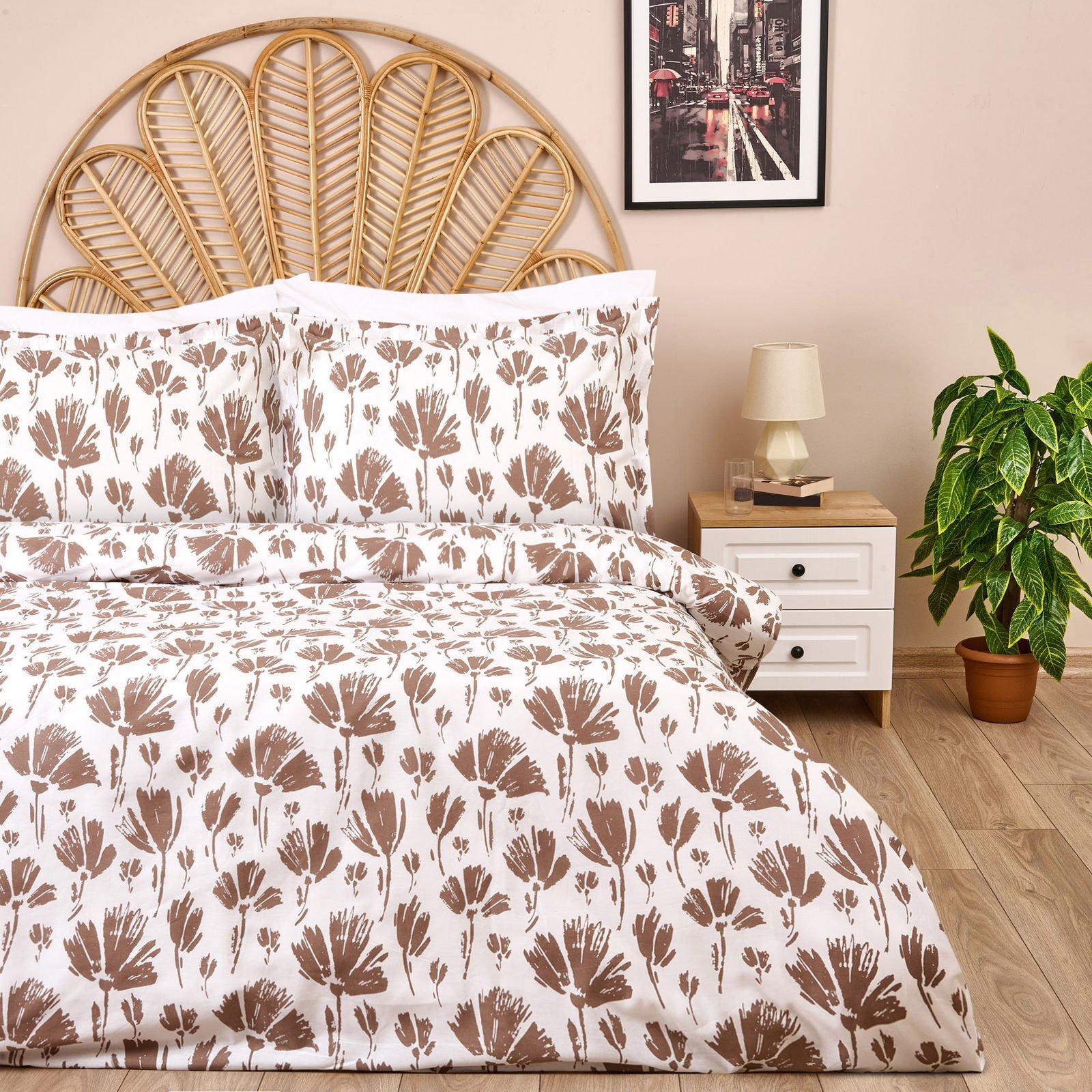 Soft Lily Çift Kişilik Nevresim Takımı - Ekru / Kahverengi