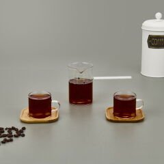 Bambu Tabaklı 2'li Cezve ve Fincan Takımı - Şeffaf