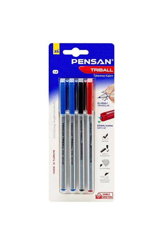 Pensan 4'lüTriball Tükenmez Kalem (2 Mavi+1 Siyah+1 Kırmızı)