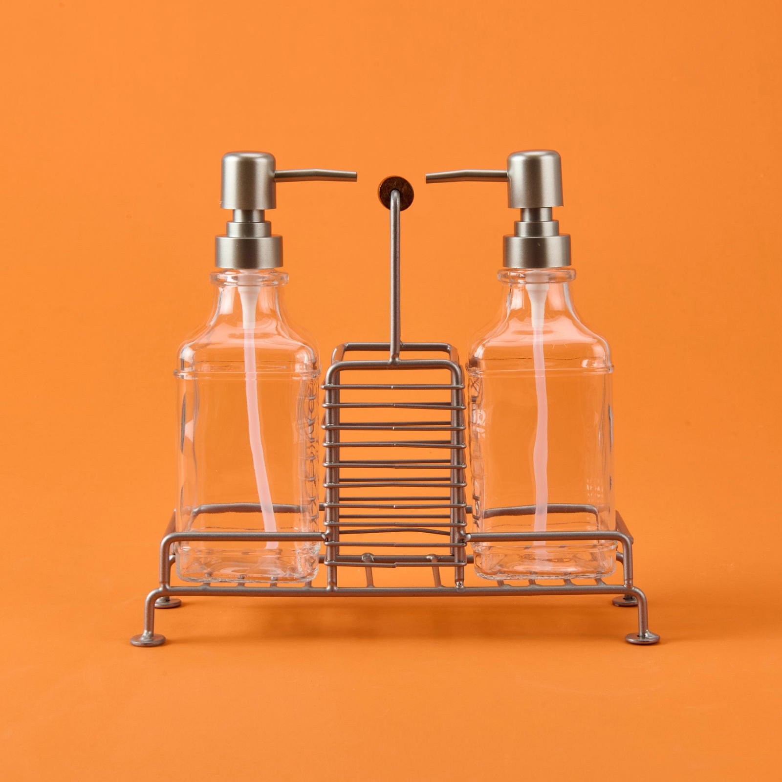 Bland 2'li Metal Stantlı Cam Sıvı Sabunluk - Şeffaf / Gri - 200 ml