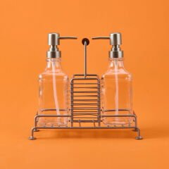 Bland 2'li Metal Stantlı Cam Sıvı Sabunluk - Şeffaf / Gri - 200 ml