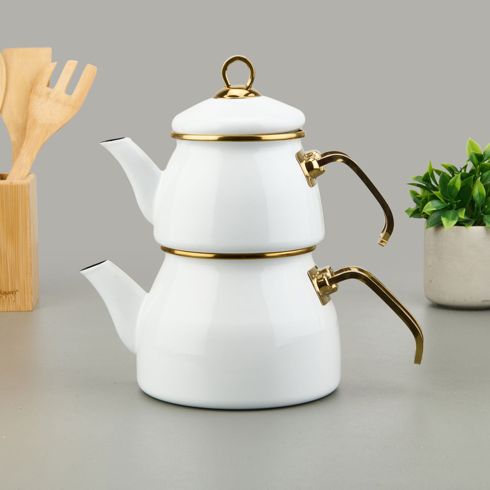 Doroty Emaye Çaydanlık - Beyaz / Altın - 2 lt + 1,2 lt