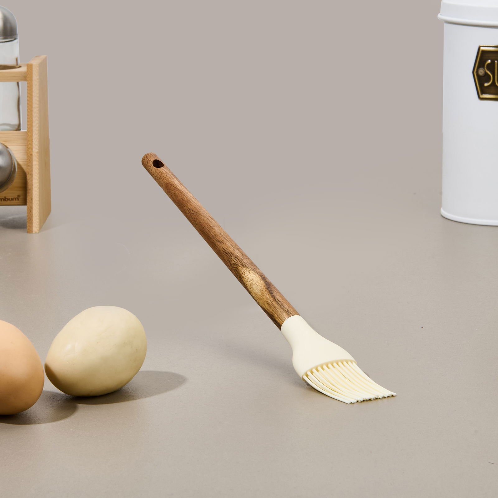 Akasya Saplı Silikon Yumurta Fırçası - Kahverengi / Krem