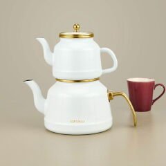 Roomy Emaye Çaydanlık - Beyaz / Altın - 2,5 lt + 1,1 lt