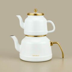 Roomy Emaye Çaydanlık - Beyaz / Altın - 2,5 lt + 1,1 lt