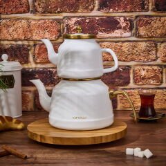 Roomy Emaye Çaydanlık - Beyaz / Altın - 2,5 lt + 1,1 lt