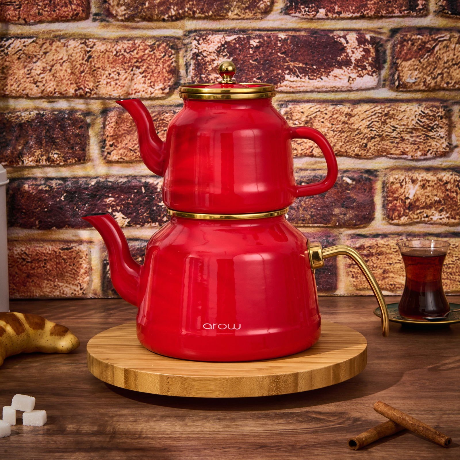 Roomy Emaye Çaydanlık - Kırmızı / Altın - 2,5 lt + 1,1 lt