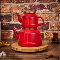 Roomy Emaye Çaydanlık - Kırmızı / Altın - 2,5 lt + 1,1 lt