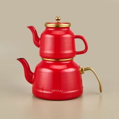 Roomy Emaye Çaydanlık - Kırmızı / Altın - 2,5 lt + 1,1 lt
