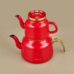 Roomy Emaye Çaydanlık - Kırmızı / Altın - 2,5 lt + 1,1 lt