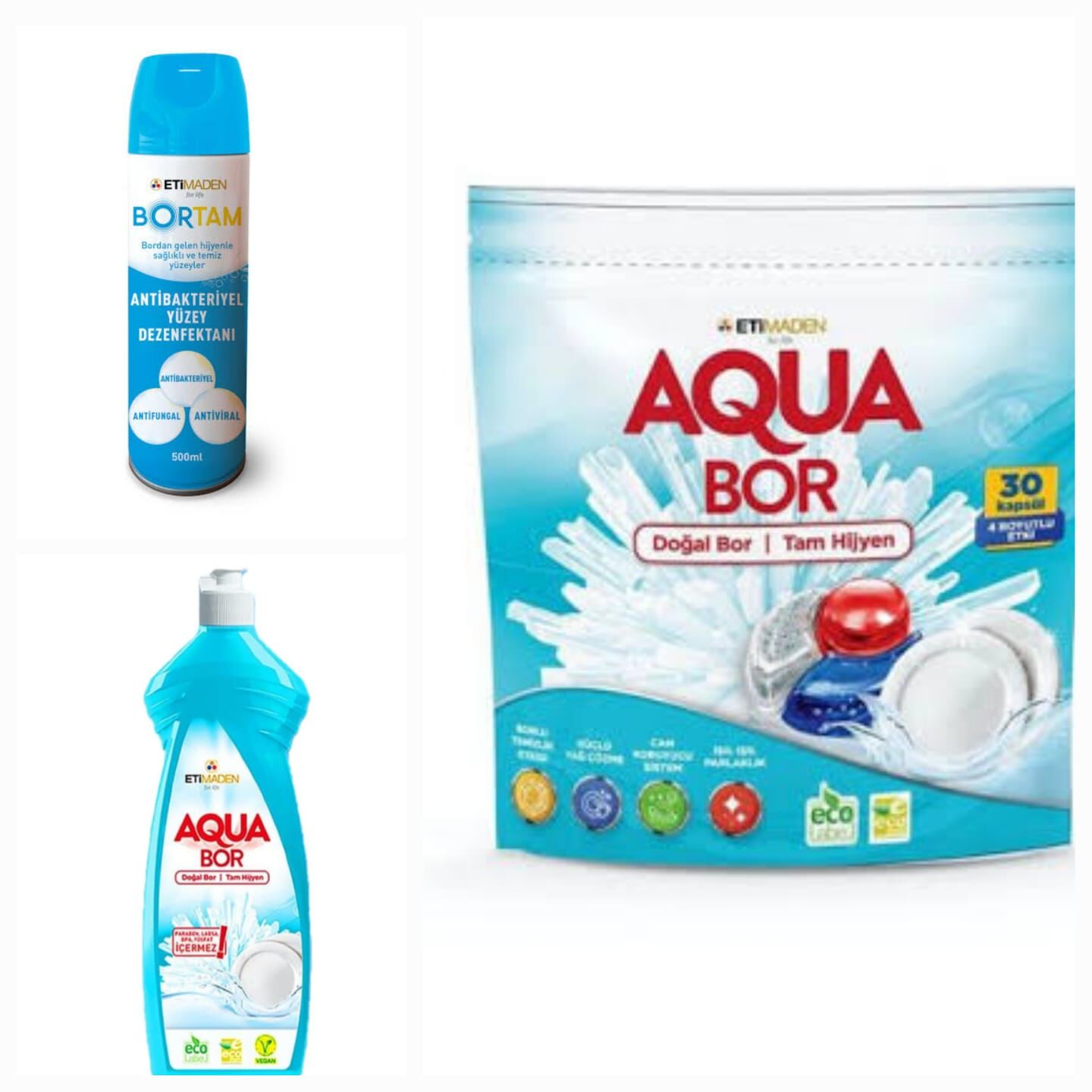 AQUABOR  DOĞAL MİNERALLİ BULAŞIK MAKİNESİ 30 KAPSÜL TABLET+ 1 ADET ELDE YIKAMA+DEZENFEKTAN