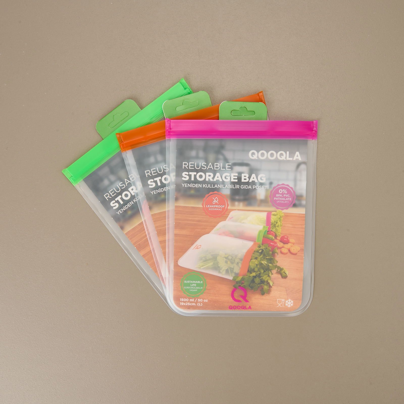 Yıkanabilir 3'lü Gıda Saklama Poşeti - Renkli - 19x25 cm