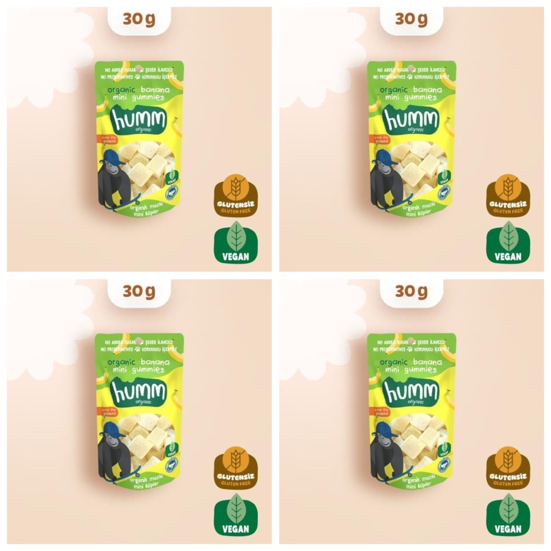 Organik Glutensiz Vegan Muzlu Mini Küpler Atıştırmalık Paketi - 4 adet * 30 g