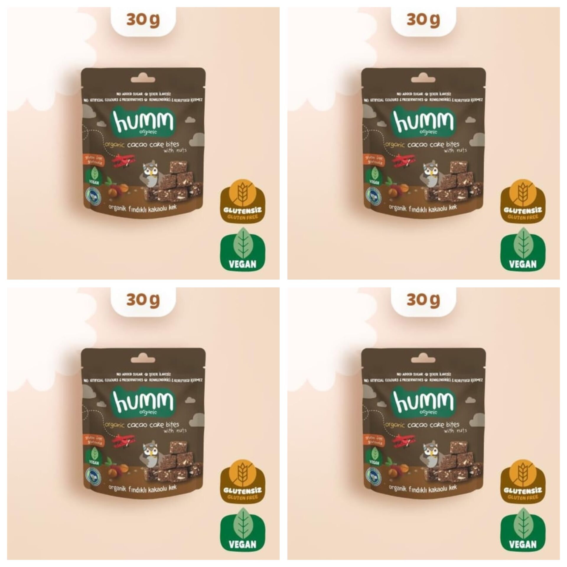organik Glutensiz Vegan Kakaolu ve Fındıklı Kek - 30g* 4 adet