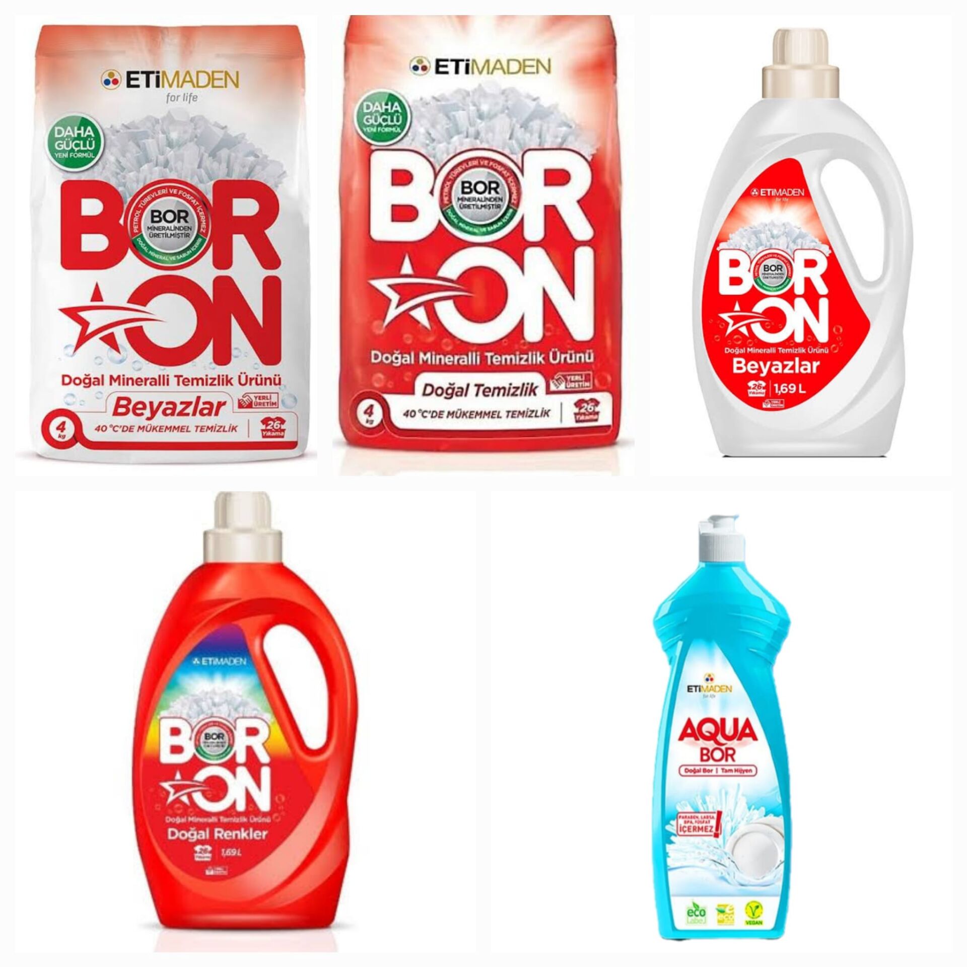 BORON 4 KG TOZ ÇAMŞIR DETERJAN+SIVI DETERJAN RENKLİLER+BEYAZLAR 1.69 +ELDE YIKAMA BULAŞIK DETERJANI