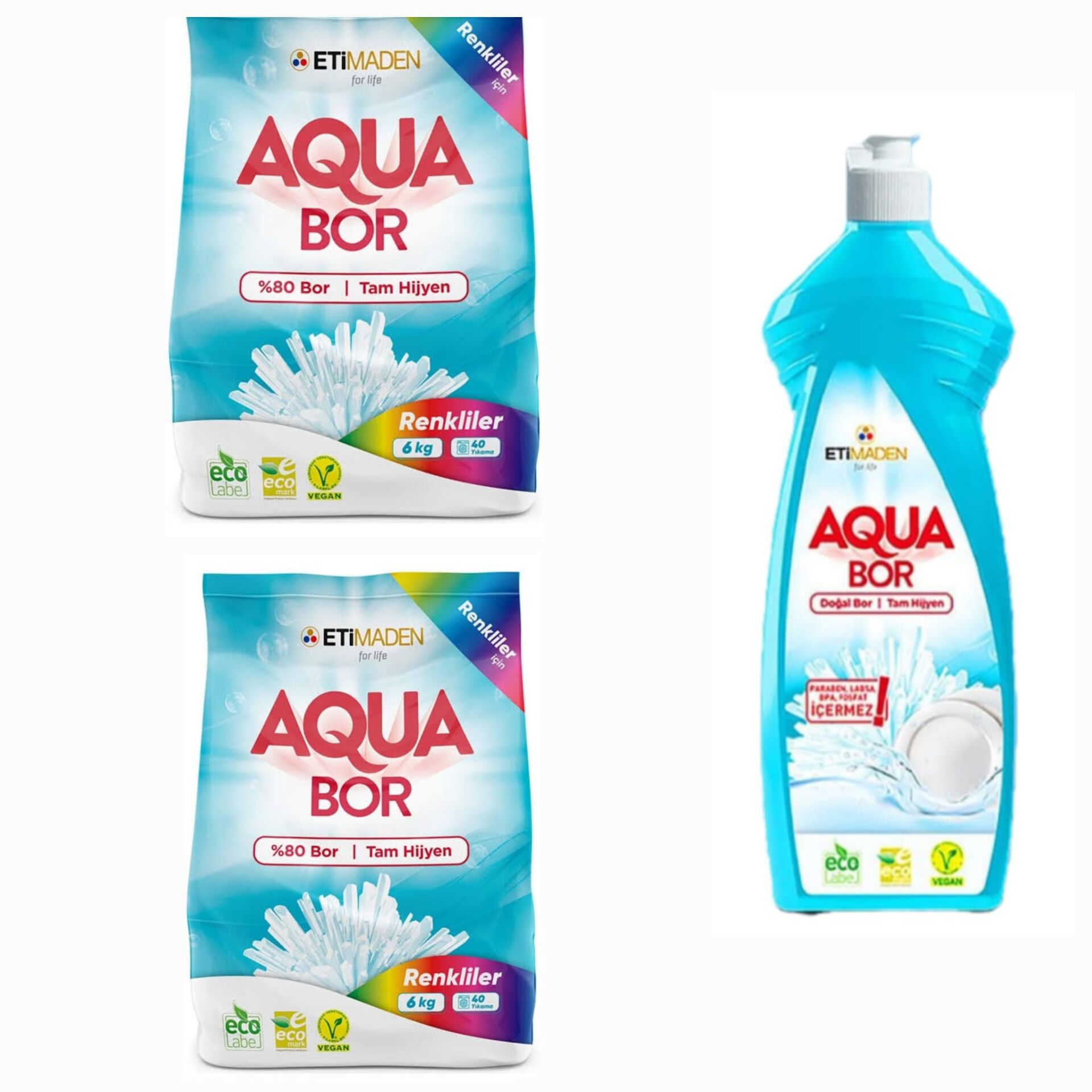 AQUABOR DOĞAL MİNERALLİ RENKLİLER İÇİN ÇAMAŞIR DETERJAN 6 KG 2 ADET+ELDE YIKAMA BULAŞIK DETERJAN