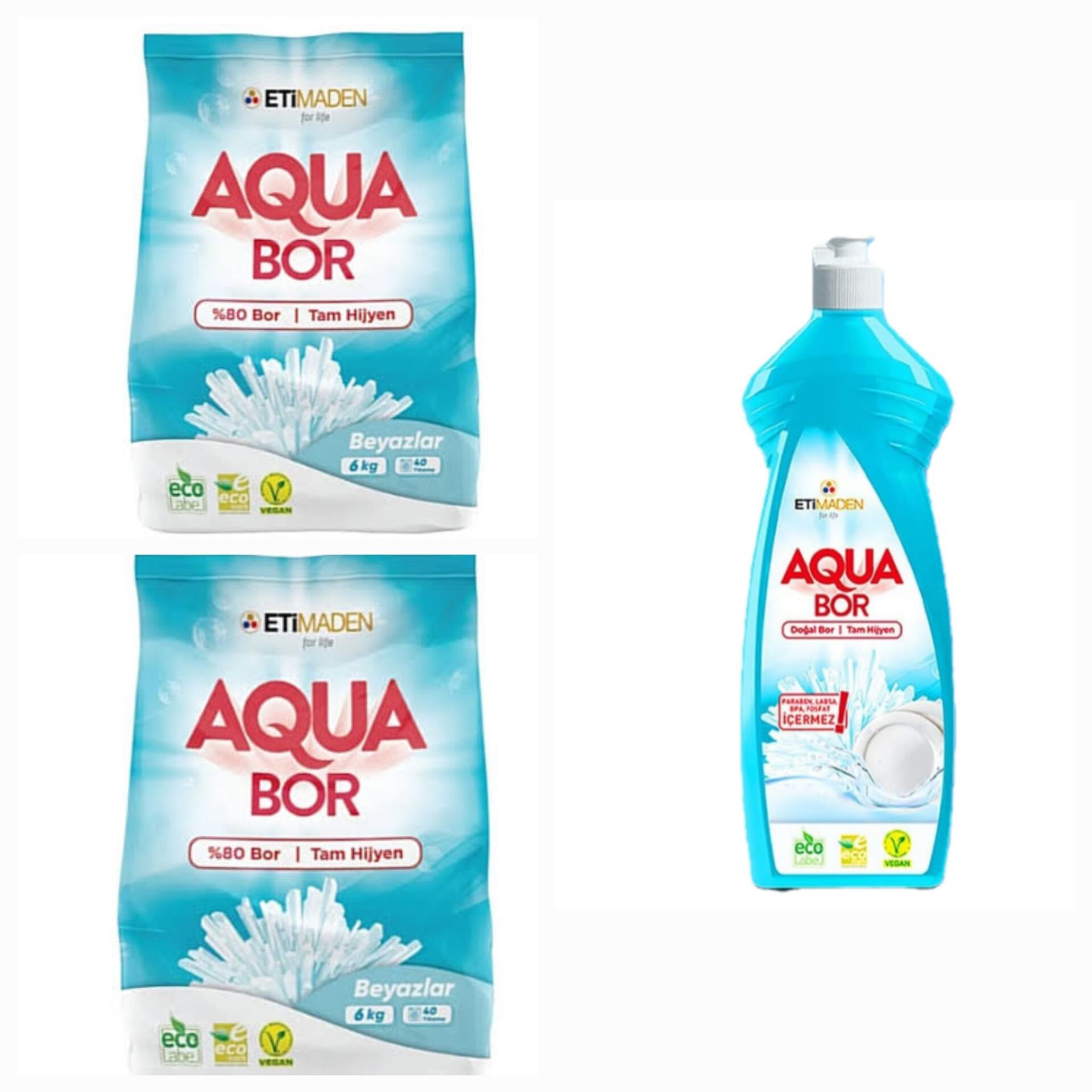 AQUABOR DOĞAL MİNERALLİ  BEYAZLAR  İÇİN ÇAMAŞIR DETERJAN 6 KG 2 ADET+ELDE YIKAMA BULAŞIK DETERJAN