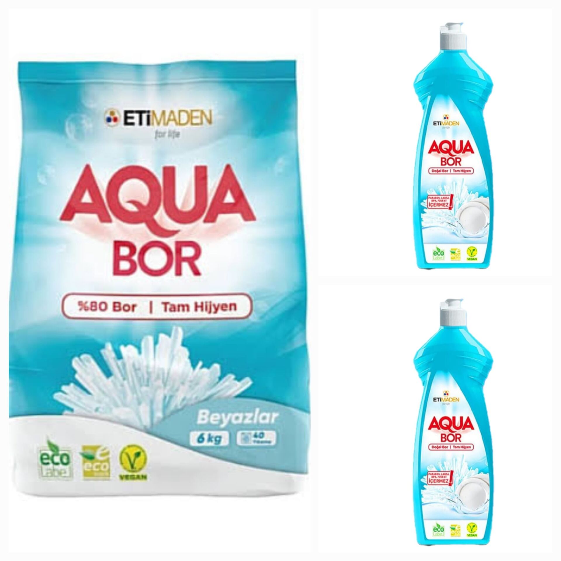 AQUABOR DOĞAL MİNERALLİ BEYAZLAR İÇİN ÇAMAŞIR DETERJANI 6 KG + 2 ADET ELDE YIKAMA BULAŞIK DETERJAN