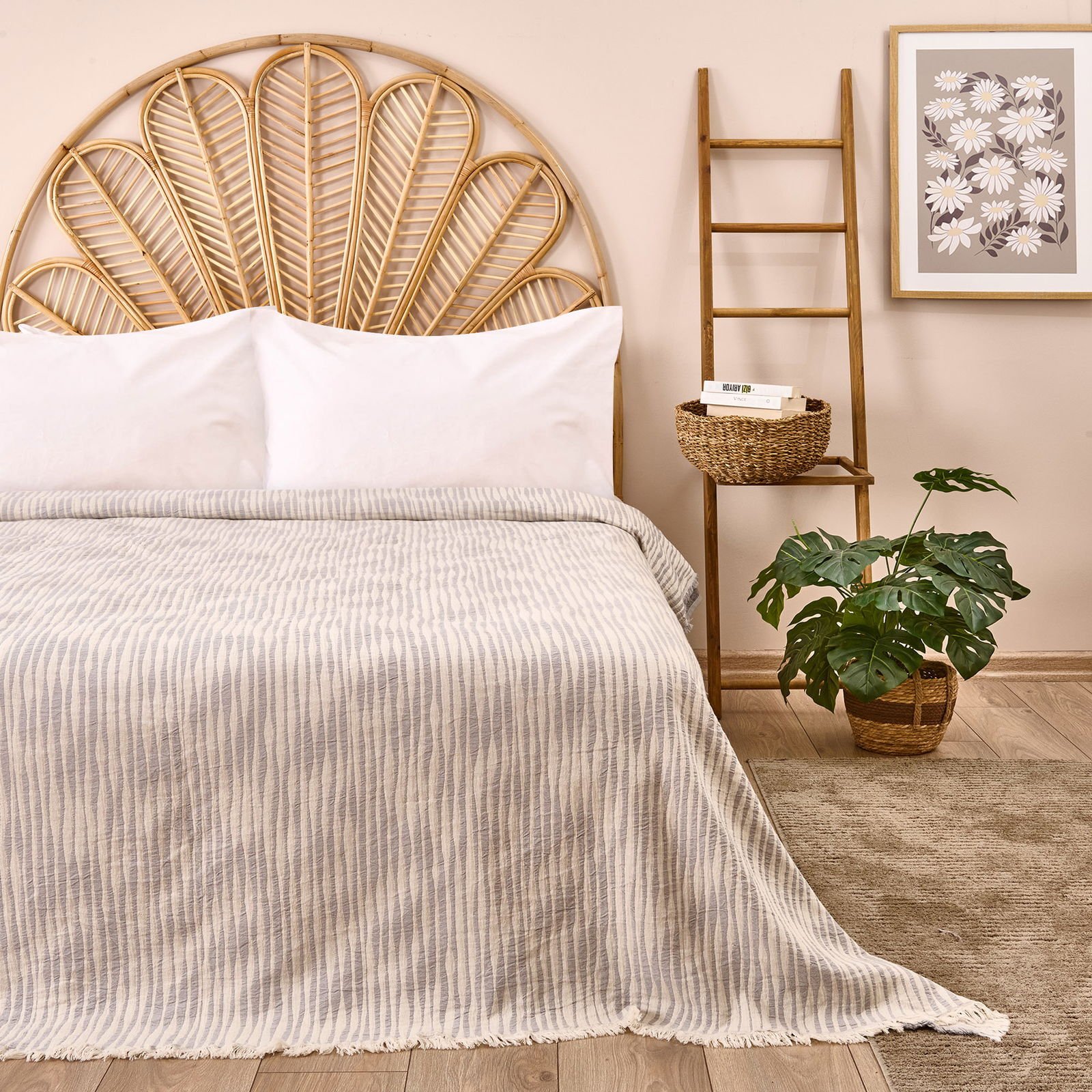 Soft Çift Kişilik Çizgili Yatak Örtüsü - Gri - 225x250 cm