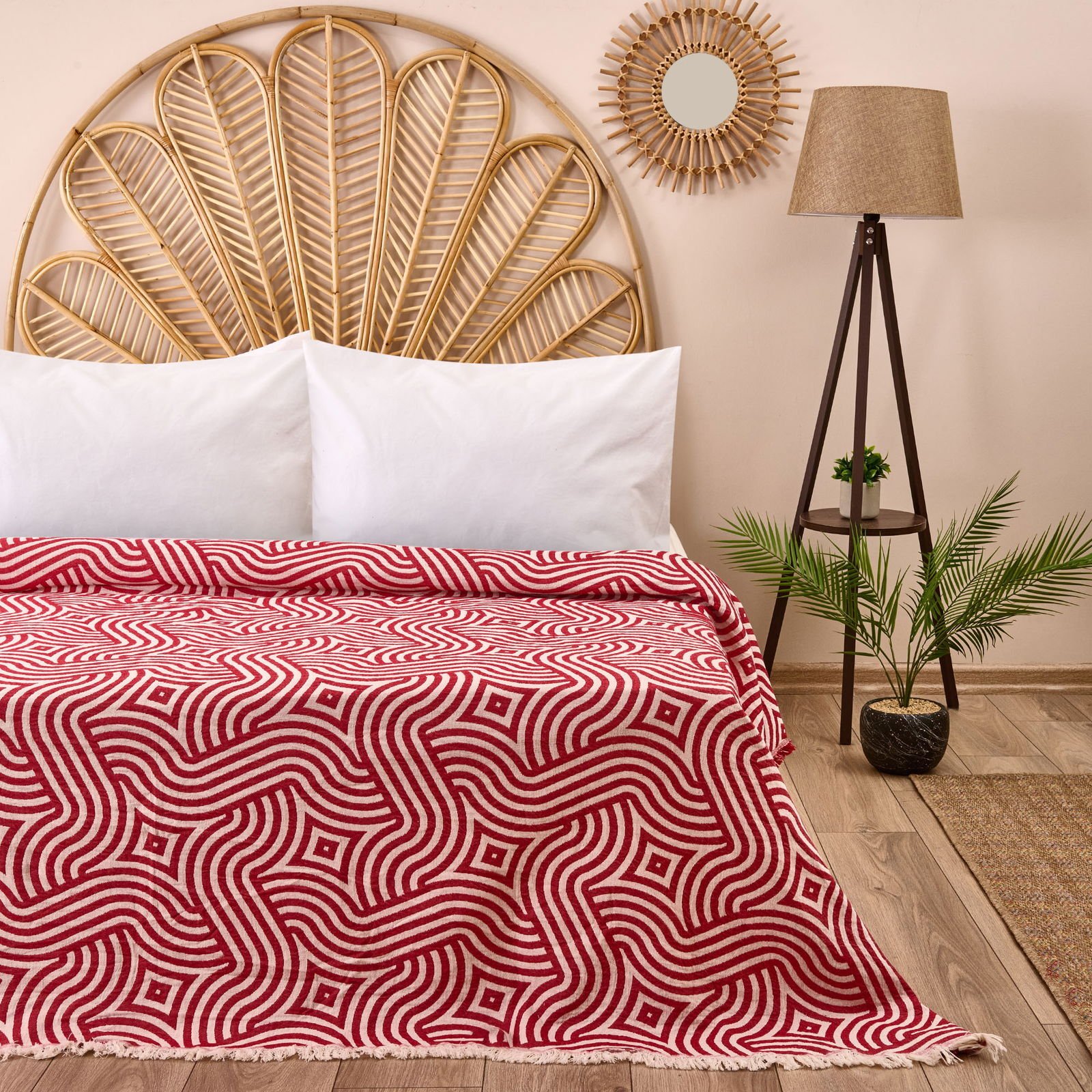 Soft Geometrik Desenli Tek Kişilik Yatak Örtüsü - Kırmızı - 160x225 cm