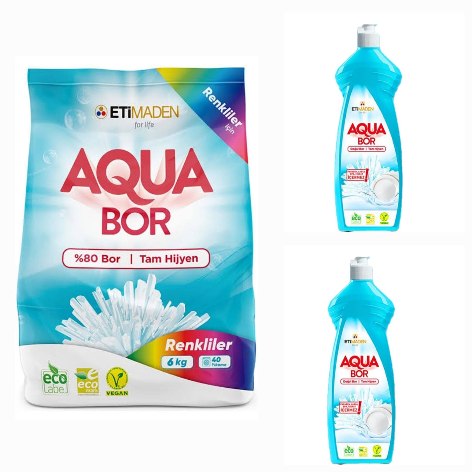AQUABOR DOĞAL MİNERALLİ RENKLİLER  İÇİN ÇAMAŞIR DETERJANI 6 KG + 2ADET ELDE YIKAMA BULAŞIK DETERJAN