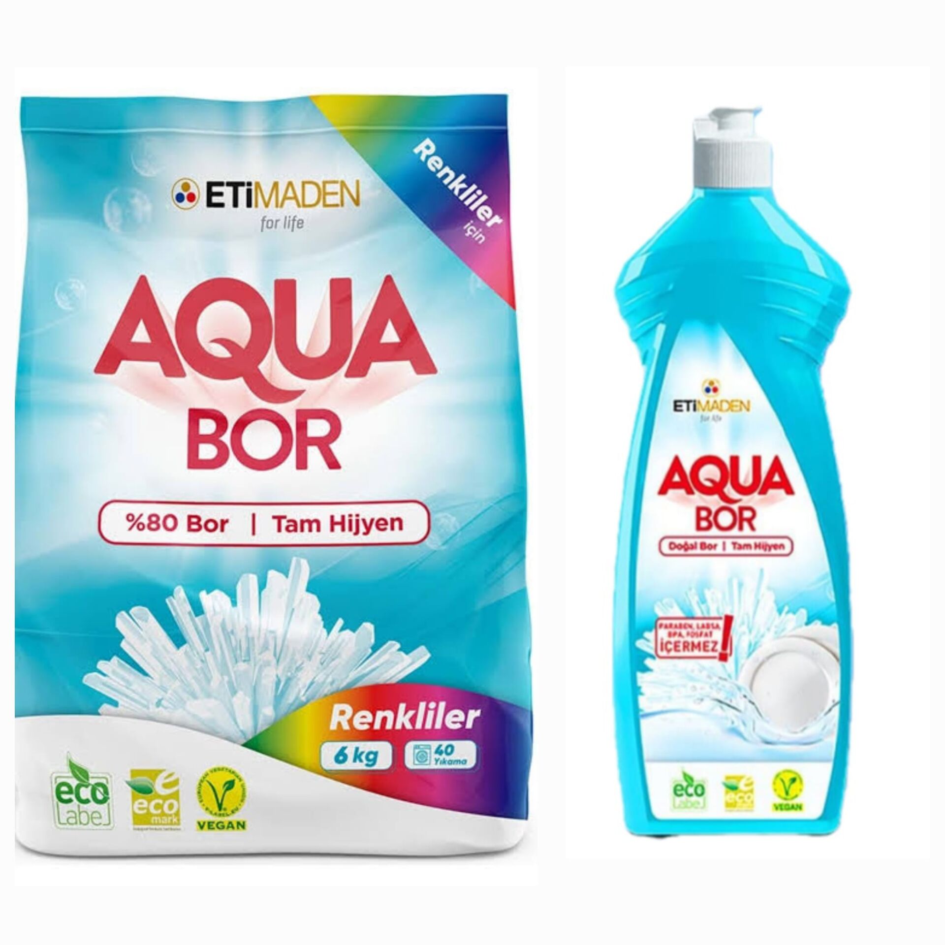 AQUABOR DOĞAL MİNERALLİ RENKLİLER  İÇİN ÇAMAŞIR DETERJANI 6 KG + 1 ADET ELDE YIKAMA BULAŞIK DETERJAN
