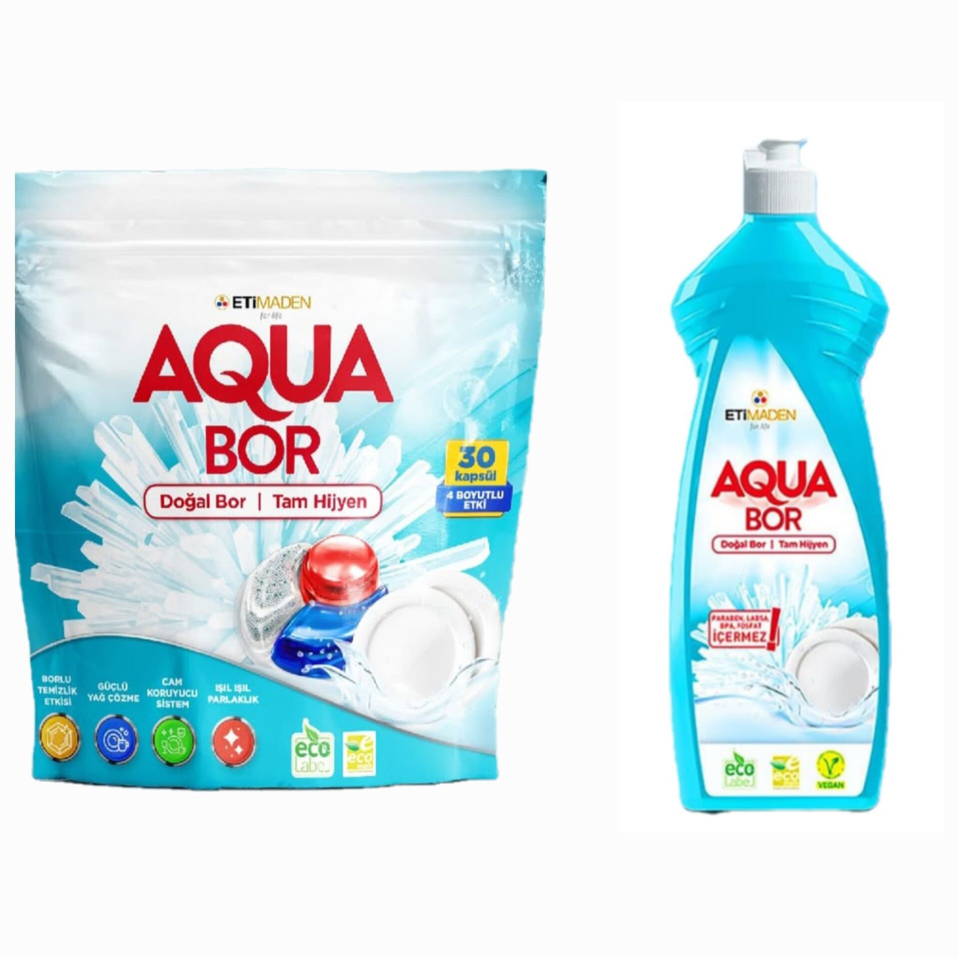 AQUABOR DOĞAL MİNERALLİ BULAŞIK TABLETİ 30 ADET KAPSÜL+1 ADET BULAŞIK ELDE YIKAMA DETERJANI